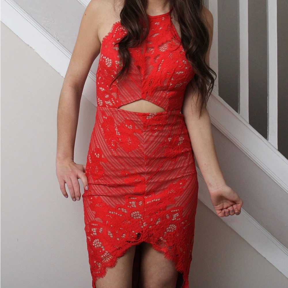 LF Red Lace Cut Out Dress